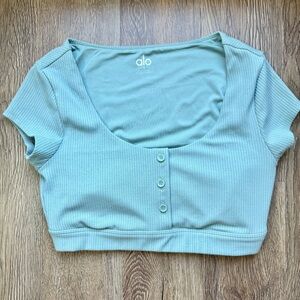 ALO Yoga Light Blue Ribbed Button Crop Top